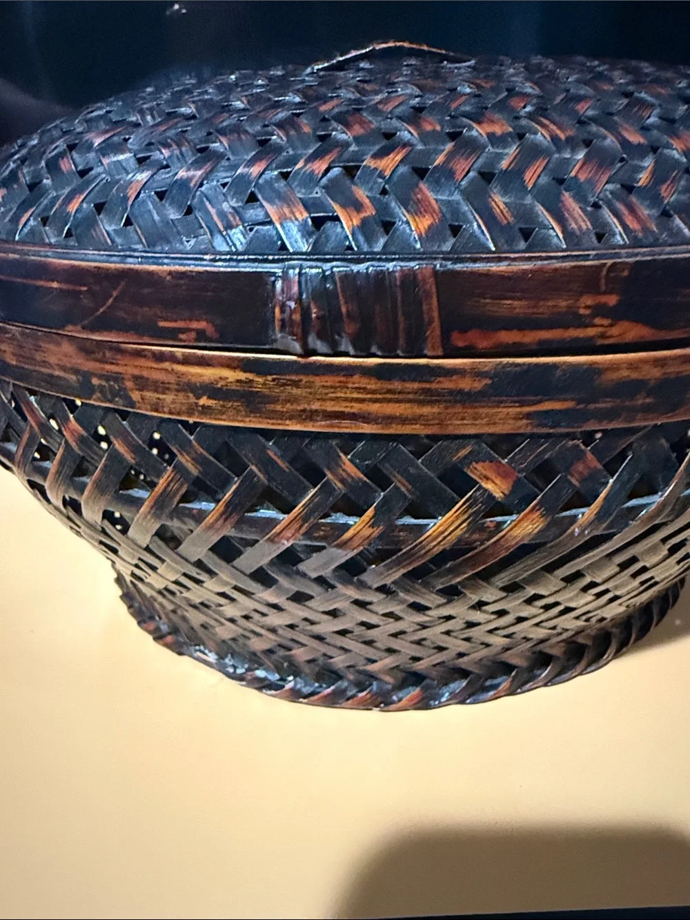 Woven Round Lidded Basket - Brown - 10”x5”